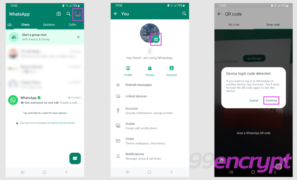 You have option to connect your WhatsApp account while scanning a QR code