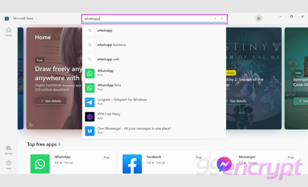 On the Microsoft Store search with "Whatsapp"